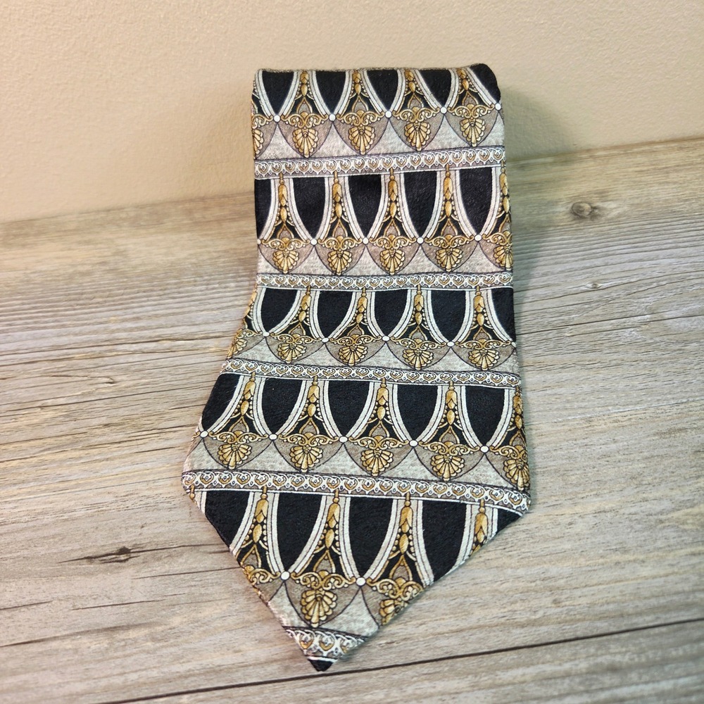 Pierre Cardin Silk Tie Mens Black Gold Silver Geometric Baroque Ornate Formal